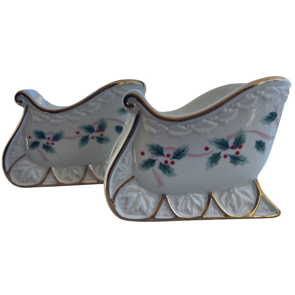 Mikasa Victorian Holly Sleigh Candle Holders Set 2 Holiday Elegance FK017/602